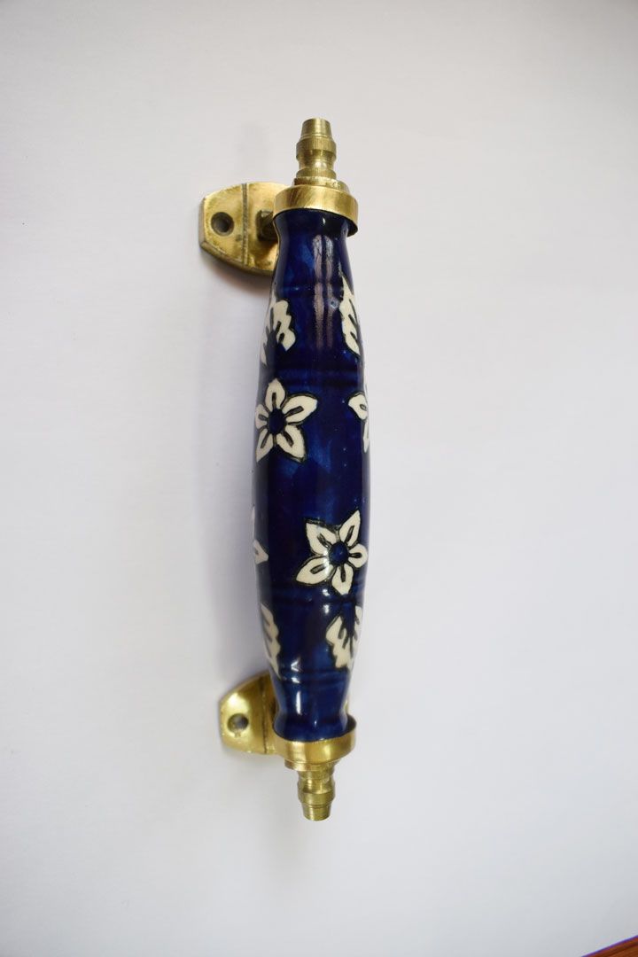 Hand Painted Blue with White Flower Ceramic Handle