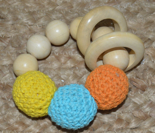 Crochet and Wood Teether for Newborn - Baby Rattle Channapatna Wooden Toy