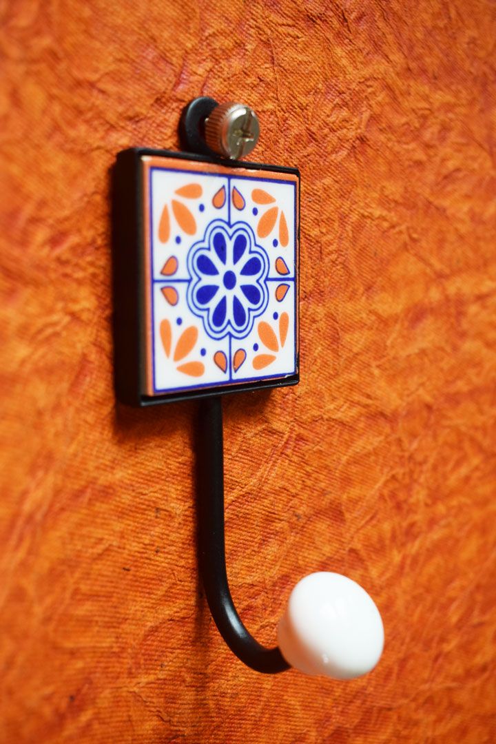 Hand Painted Orange with Blue Design Square Wall Hooks1