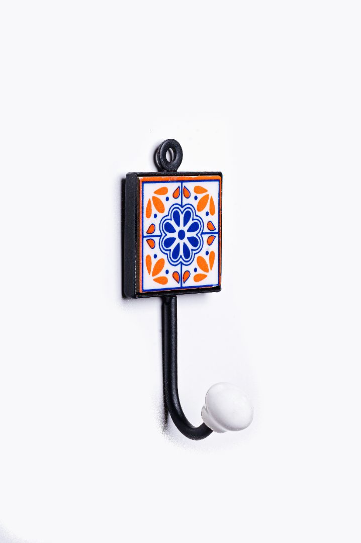 Hand Painted Orange with Blue Design Square Wall Hooks2