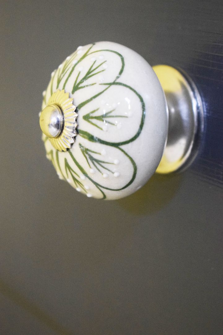 Hand Painted White with Green Designed Dotted Ceramic Knob / Drawer Pulls