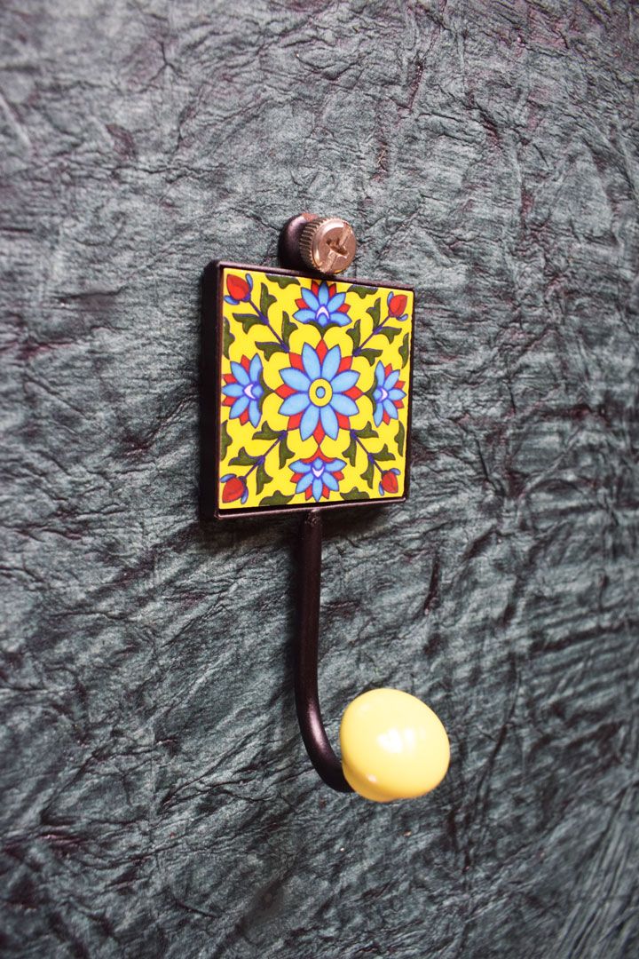 Hand Painted Yellow Design Square Wall Hooks with Boho Design1