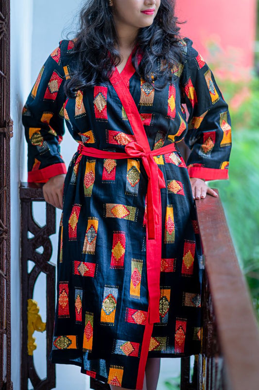 Indian Handmade Block Printed Black Lamba Kimono Dress