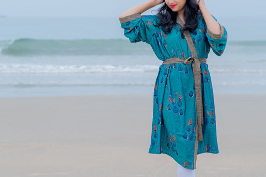 Indian Handmade Block Printed Blue Lamba Kimono Dress