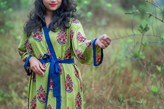 Indian Handmade Block Printed Green Lamba Kimono Dress