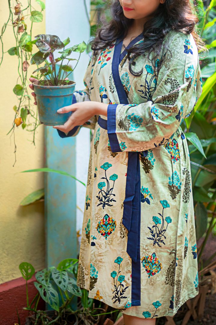 Indian Handmade Block Printed Grey Lamba Kimono Dress
