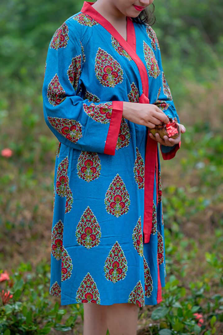 Indian Handmade Block Printed Navy Blue Lamba Kimono Dress