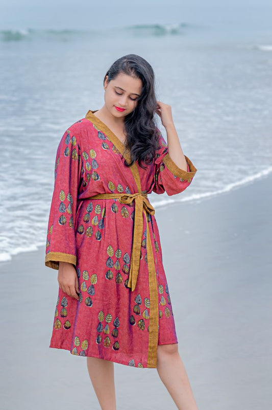 Indian Handmade Block Printed Pink Lamba Kimono Dress