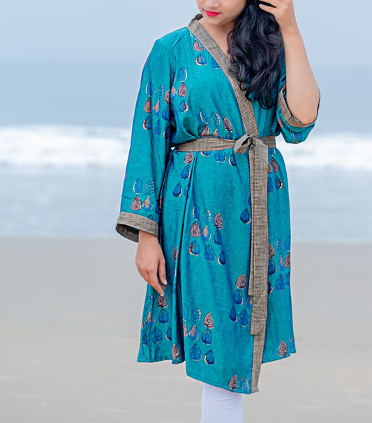 Indian Handmade Block Printed Blue Lamba Kimono Dress1